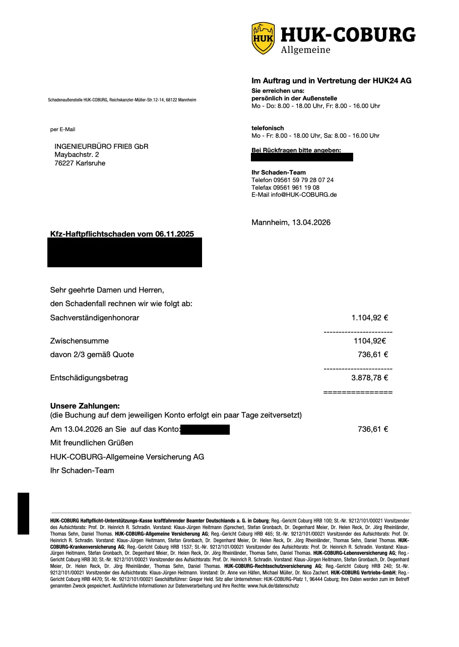 Abrechnungsschreiben der Versicherung vom 13.04.2026 über das Sachverständigenhonorar, personenbezogene Angaben geschwärzt