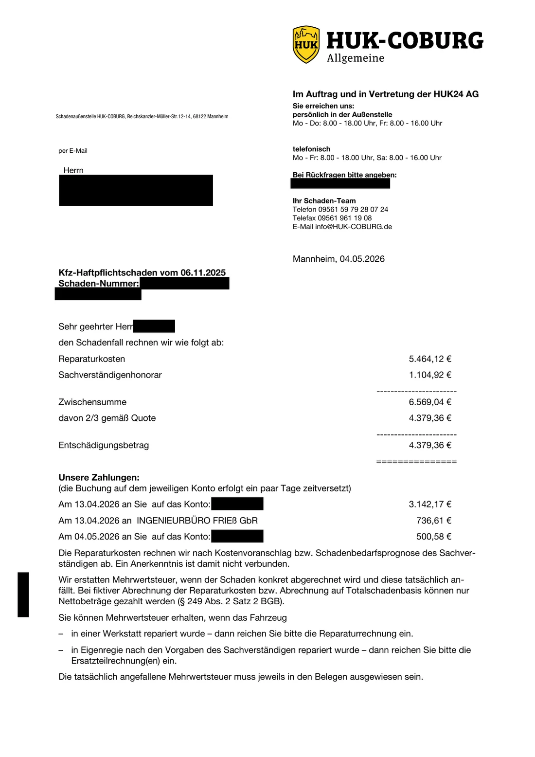 Abrechnungsschreiben der Versicherung vom 04.05.2026 mit den korrigierten Reparaturkosten und der Nachzahlung, personenbezogene Angaben geschwärzt