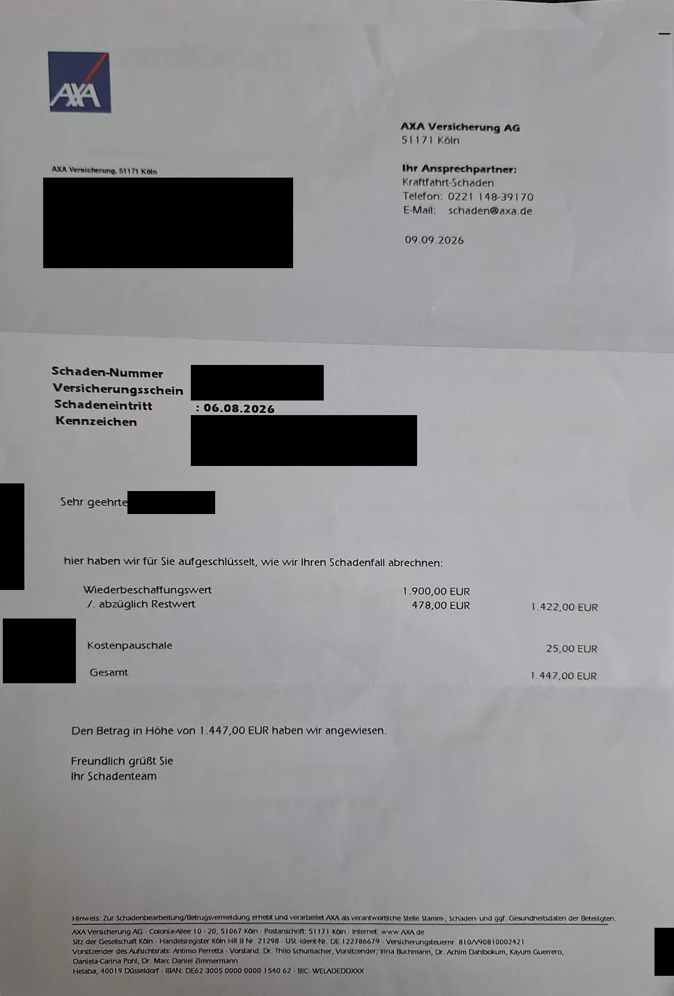 AXA settlement letter of 9 September 2026, personal details redacted