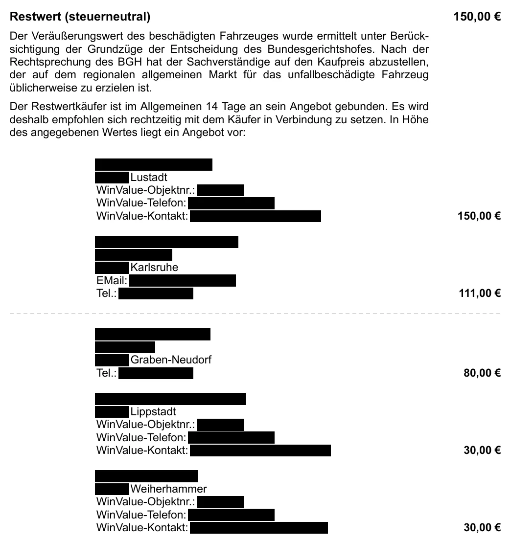 Salvage value table from the report with five purchase offers, bidders redacted