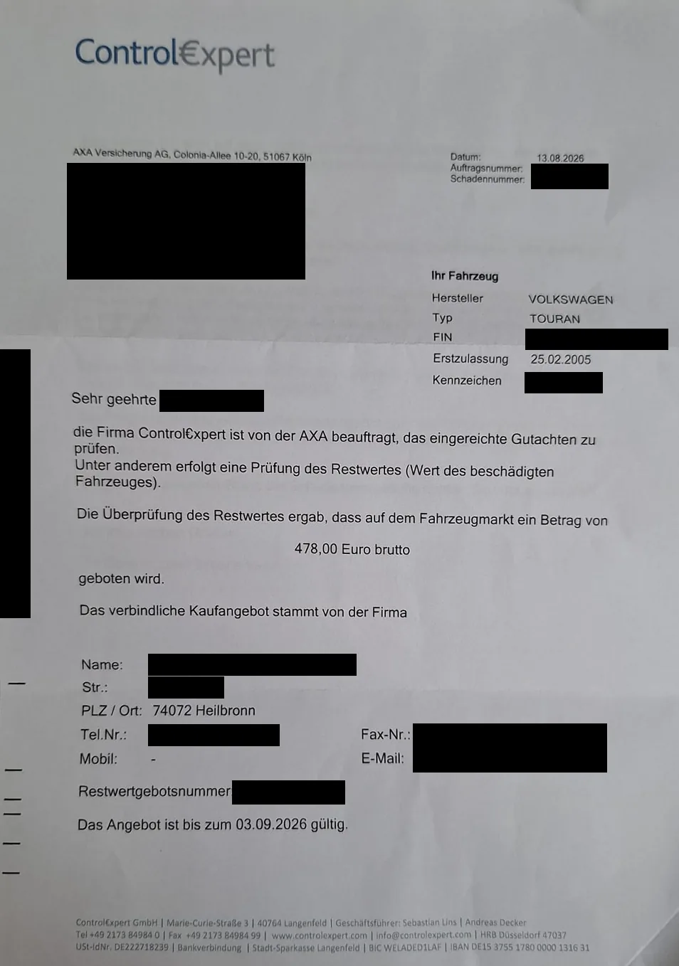 Salvage offer from ControlExpert for 478 euros, personal details redacted