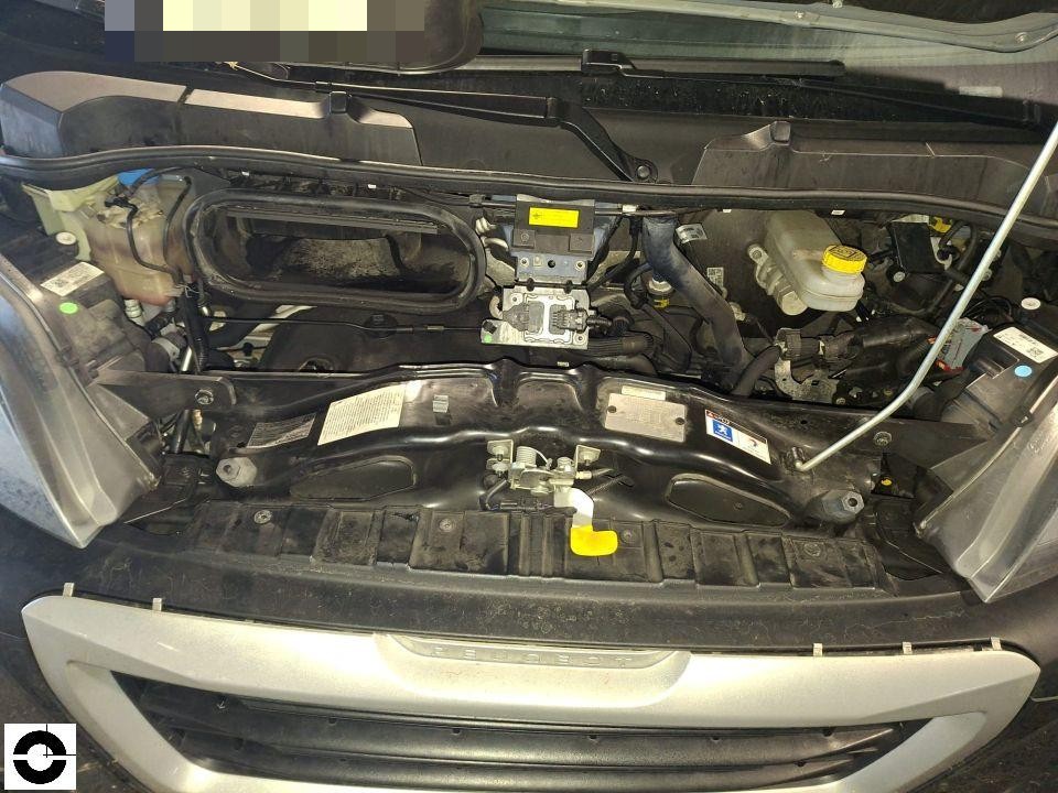 Motorraum von vorne, geöffnete Haube, Peugeot-Transporter, keine sichtbaren Schäden