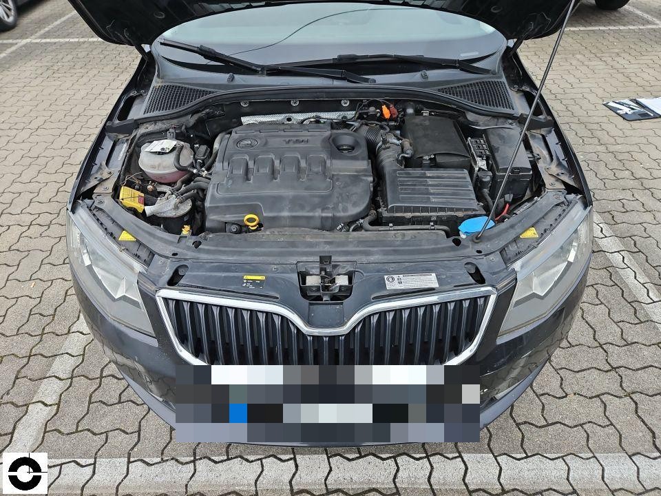 Motorraum von vorne, geöffnete Haube, TDI-Dieselmotor sichtbar, Kennzeichen pixeliert