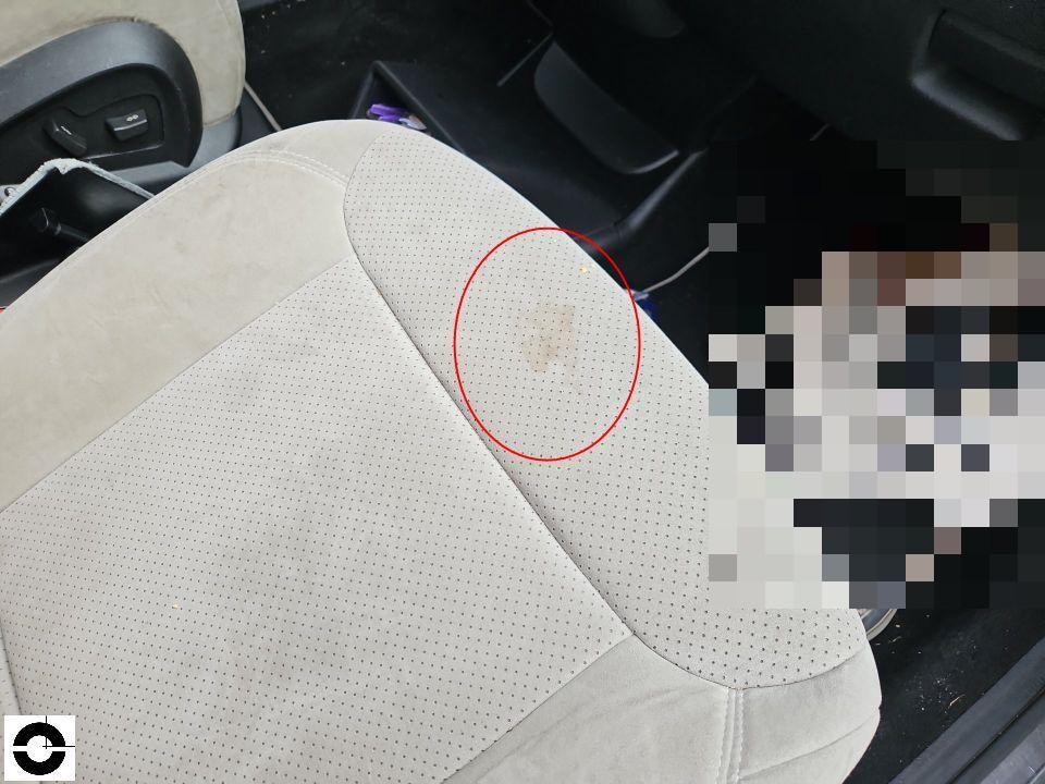 Fahrersitz mit Verschmutzung/Fleck auf der Sitzlehne, rot markiert