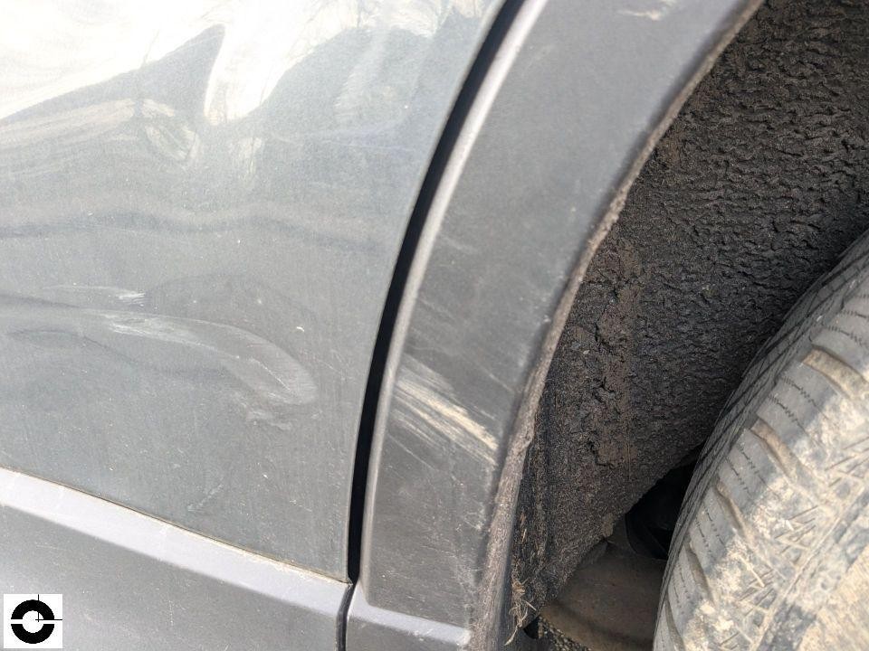 Detailaufnahme hinterer Radlauf links mit Schmutz und leichten Kratzern an der Karosserie