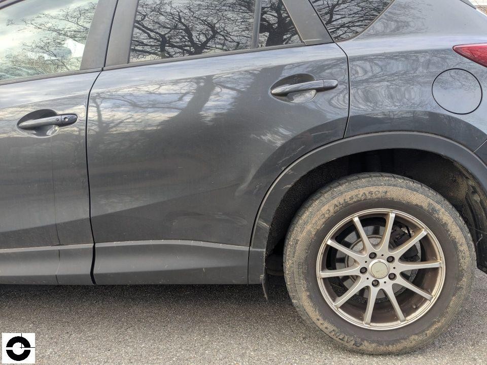 Seitenansicht linke Fahrzeugseite, hintere Tür und Radkasten, leichte Verschmutzung