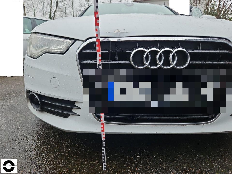 Frontansicht mit Messlatte, Kühlergrill und Motorhaube, leichte Verschmutzung