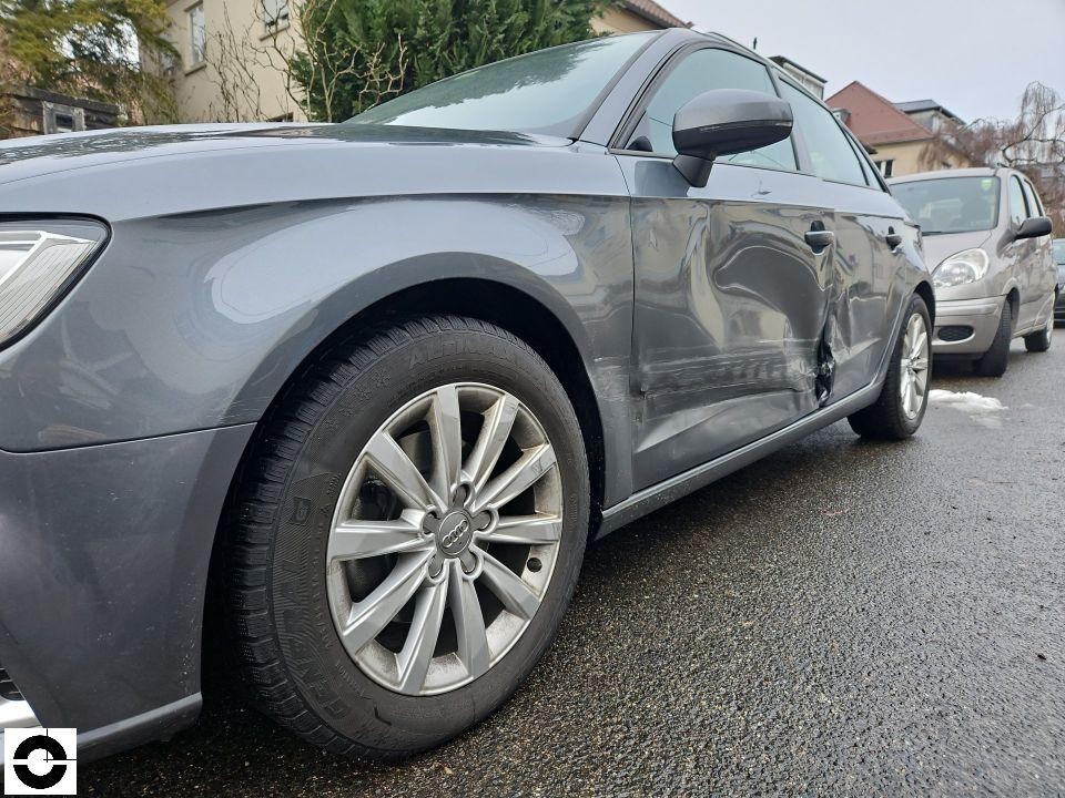 Seitenansicht links, deutliche Einbeulungen an Fahrertür und vorderem Kotflügel