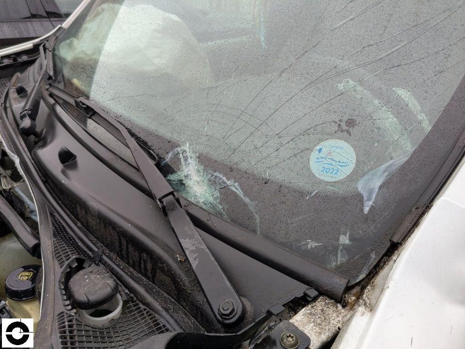 Frontscheibe mit Steinschlag und Rissen, Motorhaube geöffnet, Camping-Aufkleber 2022 sichtbar